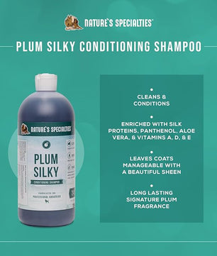 Nature's Specialties Plum Silky Ultra Concentrated Dog Shampoo Conditioner, Makes up to 6 Gallons, Natural Choice for Professional Pet Groomers, Silk Proteins, Made in USA, 32 oz