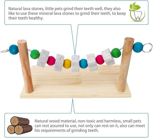 Hamster Wood Ledge Platform with Lava Stone Block Chew Toys,Pet Cage Resting Wooden Shelf for Chinchilla Guinea Pig Gerbil Mouse Rat