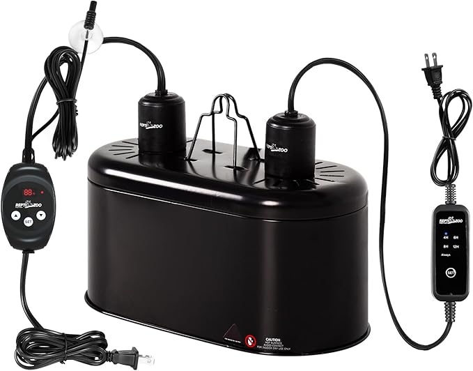 REPTI ZOO Dual Reptile Light Fixture with Dimming Thermostat and Timer, Deep Dome Lamp Fixture with Independent Reptile Dimming Thermostat Heat Bulb Temperature Controller and Timing Function