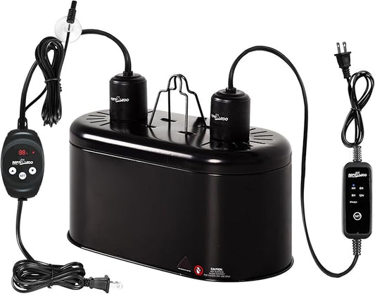 REPTI ZOO Dual Reptile Light Fixture with Dimming Thermostat and Timer, Deep Dome Lamp Fixture with Independent Reptile Dimming Thermostat Heat Bulb Temperature Controller and Timing Function