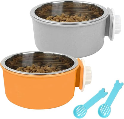 Hamiledyi 2-Pack Hanging Dog Bowls with Removable Stainless Steel Feeder - Spill-Proof Crate Bowls for Kennel/Cage, Puppy to Medium Dogs, Cats, Rabbits & Guinea Pigs (Durable Pet Food & Water Dishes)