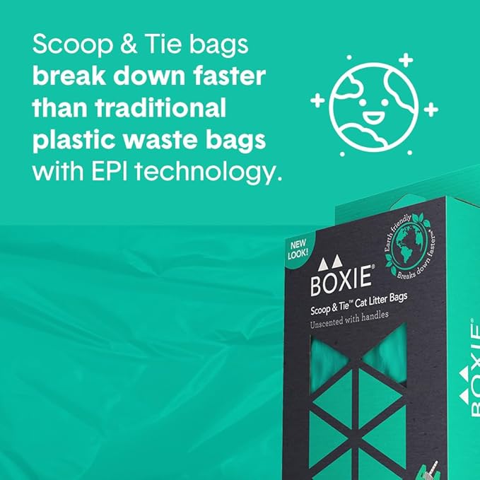 Boxie Sustainable Scoop & Tie Pet Waste Bags, 240 Count, Leak-Proof, Easy-to-Tie Handles, Eco-Friendly, Odor Control, EPI Technology, Durable for Cat Litter & Dog Waste (Pack of 2)