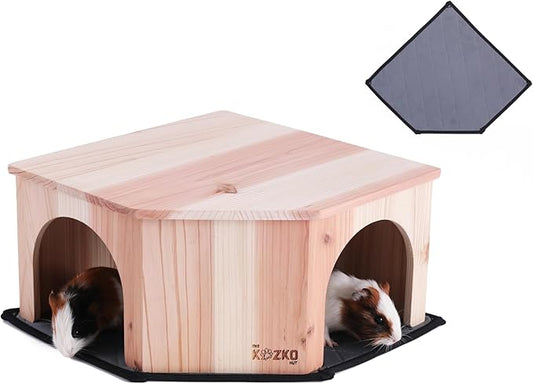 Wooden Guinea Pig Corner Hideout - Hidey for Chinchilla, Rat and Hedgehog with Pee Pad, Fully Assembled & Dual Entrances - Guinea Pig Accessories by The Kozko Hut