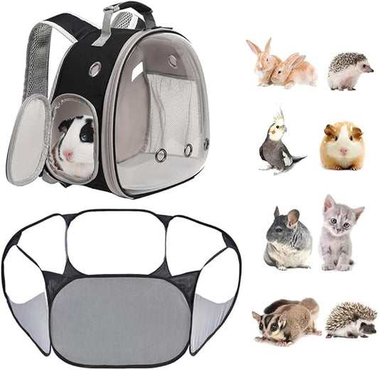 2-Pack Guinea Pig Carrier Backpack and Playpen Set - Breathable Pet Playpen Pop Open Outdoor/Indoor Exercise Fence, Portable Small Animal Backpack for Bearded Dragon, Rabbits, Hamster, Chinchillas