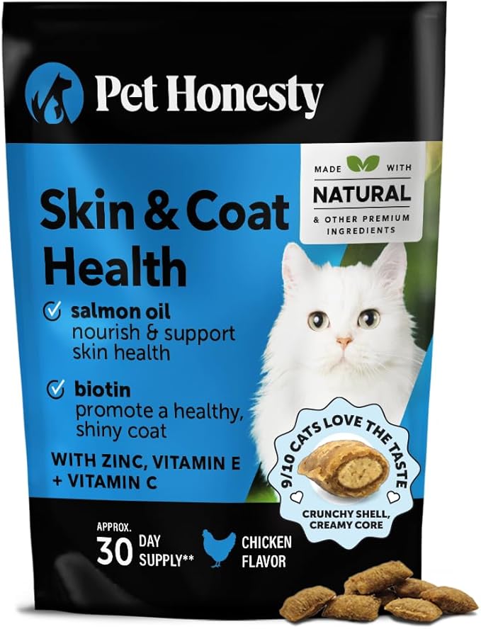 Cat Skin & Coat Health Crunchy & Creamy Chews - Omegas, Vitamin C + E, Biotin Supplement, Soothes Skin and Promotes Shiny Coat, Cat Supplements & Vitamins - Chicken (30-Day Supply)