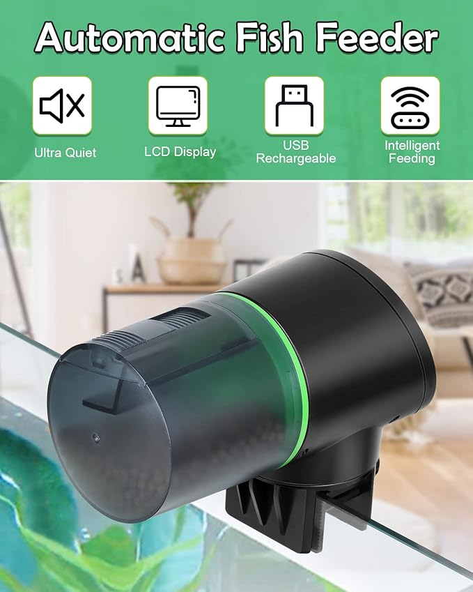 Automatic Fish Feeder for Aquariums - Rechargeable Auto Fish Food Dispenser Timer Feeder with USB Charger Cable，LCD Screen, Customized Schedule
