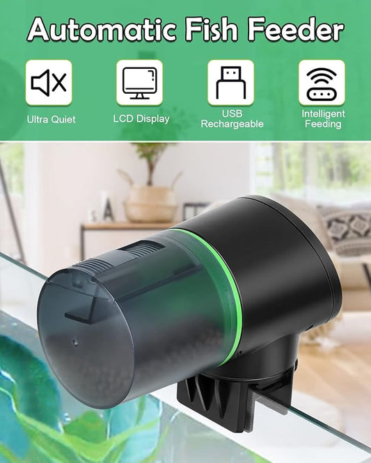 Automatic Fish Feeder for Aquariums - Rechargeable Auto Fish Food Dispenser Timer Feeder with USB Charger Cable，LCD Screen, Customized Schedule