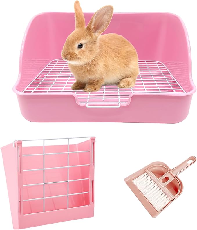 Rabbit Litter Box Bunny Potty Box Guinea Pig Hay Rack Feeder Rabbits Corner Litter Pan Potty Trainer Pet Toilet with Cleaning Set for Hamster, Guinea Pig, Ferret and Other Animals (Pink)