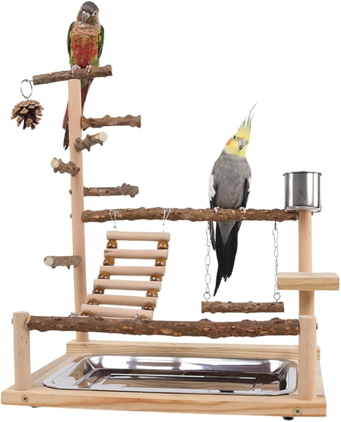 Parrot Playground Playstands, Bird Playgrounds with Feeder Cups Bird Cage Stand Bird Perch Stands, Parakeet Playground Wood Bird Play Stand for Cockatiel Parakeet
