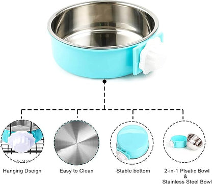 HERCOCCI Dog Crate Bowl, Removable Stainless Steel Pet Kennel Cage Hanging Food Bowls and Water Feeder Coop Cup Prevent Overflow for Puppy, Medium Dog, Cat, Rabbit, Ferret (2PCS)