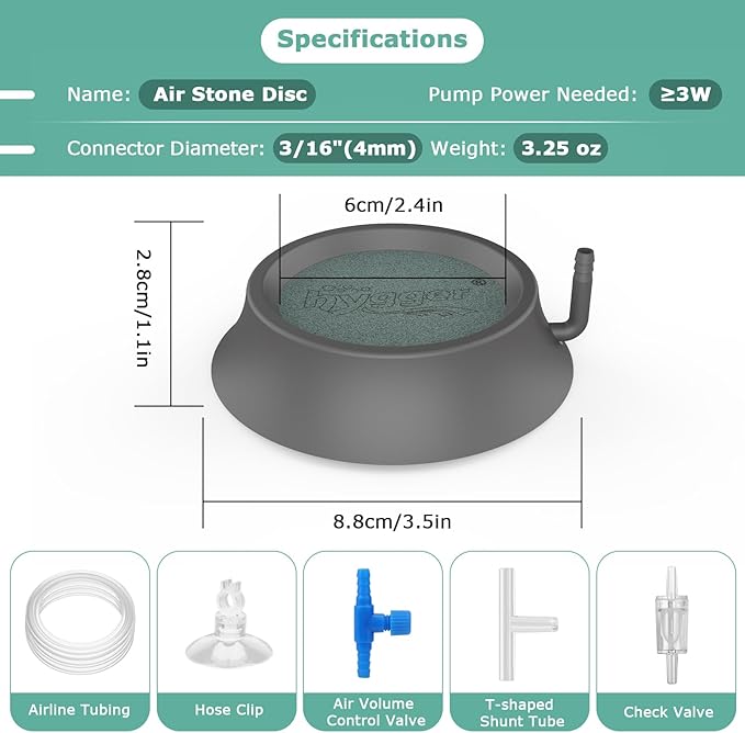 hygger Aquarium Air Stone, Fish Tank Bubbler Aerator with Stainless Steel Base, Oxygen Diffuser for Nano Air Pumps Hydroponics Small Ponds and Fish Tanks