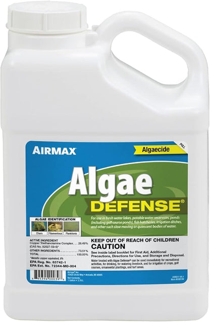 Airmax Algae Defense, EPA Registered Algaecide Pond & Lake Water Treatment, Floating Moss, Green Slime Scum & Chara Killer for Large Ponds & Lakes, Outdoor Liquid Spray Copper Based Solution, 1 Gallon