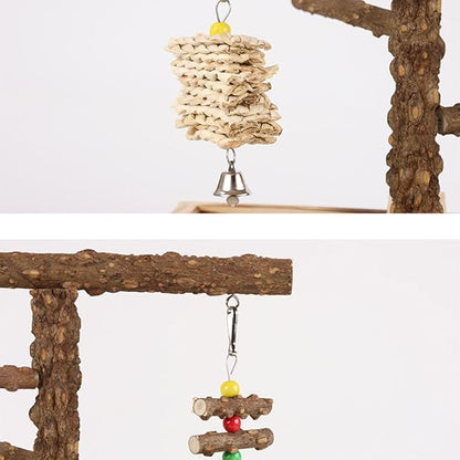 Natural Wood Parrot Stand - Ideal Toy & Accessory for Parakeets, Canaries, Cockatiels, Conure, Lovebirds - Large Bird Perch Stand with Removable Tray and Feeder Cups - Perfect Pet Birds Playstand