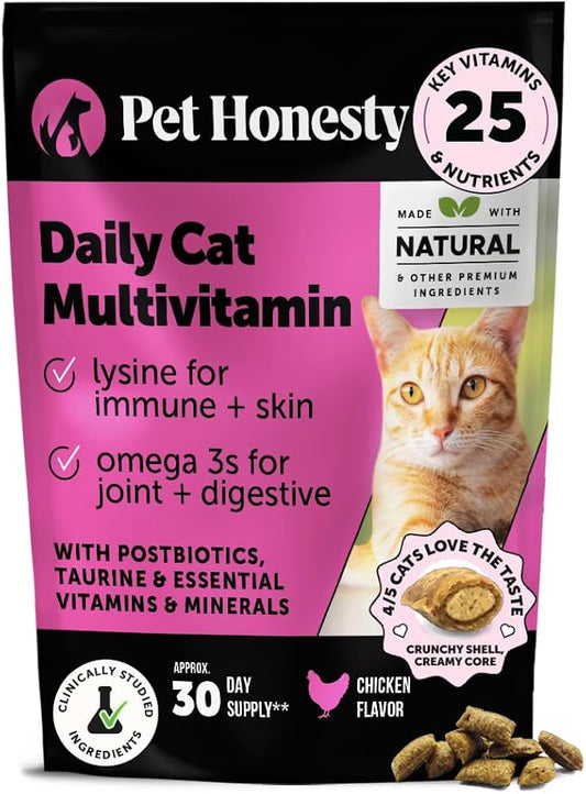 Cat Multivitamin Crunchy & Creamy Chews - Cat Treats for Health + Immune, Joint Support, Skin & Coat, & Digestion - Vitamins with Omega 3s, Lysine & Probiotics (30 Day Supply)