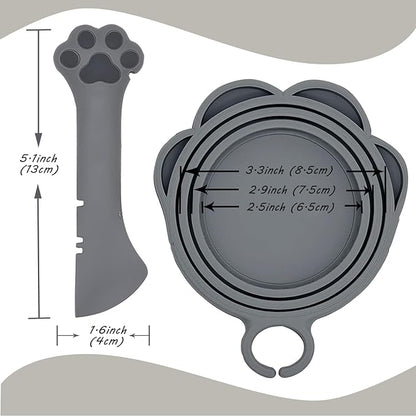 3 Pcs Cat Food Can Covers & One Can Opener | Cute Paw Shape Lids and Opener Spatula Cat Wet Food Spoon | Universal BPA Free Silicone Spoon & Covers for Dog Cat Cans(Grey)