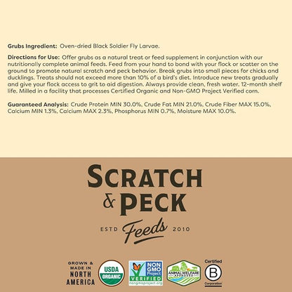 Scratch and Peck Grubs for Chickens and Ducks - 20 oz Bag - Sustainably Sourced - Naturally High Protein, Calcium Dense - Dried Black Soldier Fly Larvae Bird Treats