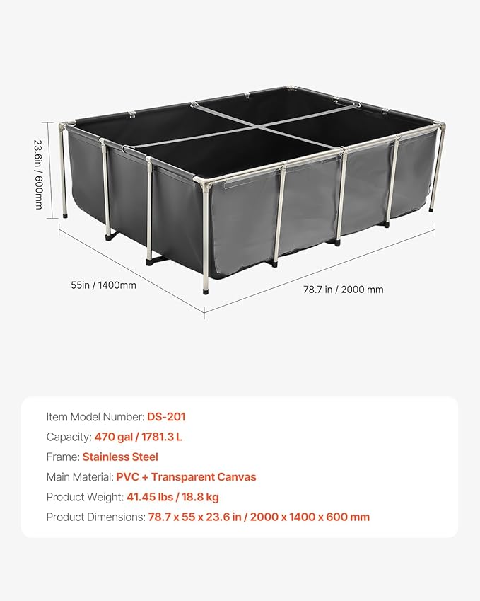 VEVOR Canvas Fish Pond, 470 Gal Above Ground Fish Pond, PVC Koi Tank with Clear Viewing Panel, Rectangular Goldfish Tank with Stainless Steel Frame & Drain Valve, for Breeding Koi, Irrigation(Black)