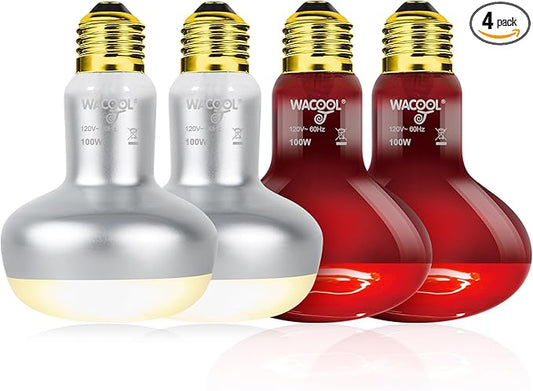 WACOOL 4Pack Reptile Heat Lamp Day & Night Kit 100W, Nature Simulated Basking Daylight & Nightlight UVA Heat Lamp Bulbs for Reptiles & Amphibians