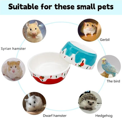 2 Pack Hamster Food Bowl Small Animals Ceramic Food Water Bowl Rat Bowls Prevent Tipping Moving for Gerbil Chinchilla Hedgehog (Color: Red + Blue)