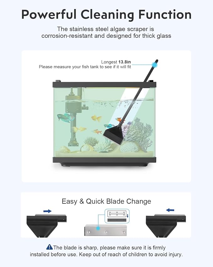 Fish Tank Cleaning Kit: Algae Scraper for Aquariums Glass Scrubber Cleaner Tools with Handle - 7 in 1 Betta Fish Tanks Cleaning Accessories Set Including Fishing Net Sponge Brush Pump Brush