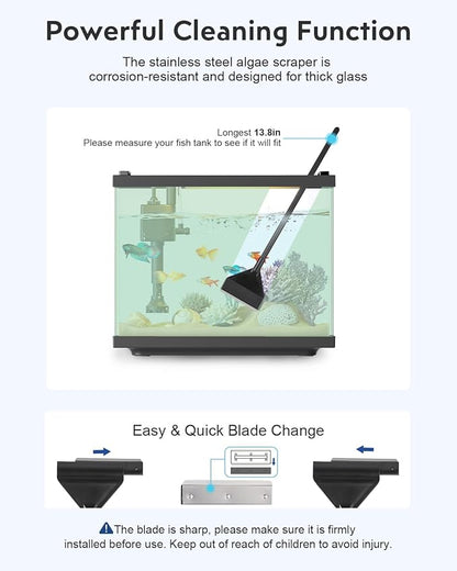 Fish Tank Cleaning Kit: Algae Scraper for Aquariums Glass Scrubber Cleaner Tools with Handle - 7 in 1 Betta Fish Tanks Cleaning Accessories Set Including Fishing Net Sponge Brush Pump Brush