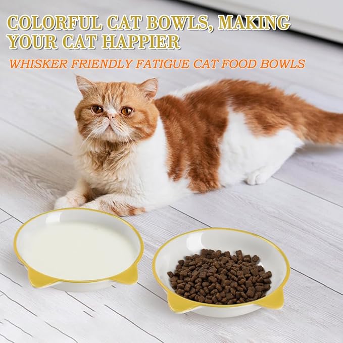 HAPPY KIT 2pcs Wide Shallow Cat Bowls,8.5oz Colorful Plate Set with Non-Slip Mat,5.7 inch Indoor Ceramic Cats Dish/Dishes Relief of Whisker Fatigue - Microwave and Dishwasher Safe