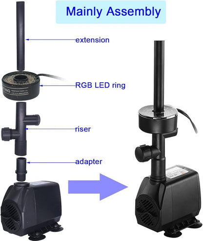730GPH Submersible Pump Fountain with RGB Color Changing Ring Water Patterns Decoration Garden Pond Landscape 2800L/H, 110V/55W