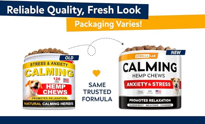 STRELLALAB Hemp Calming Chews for Dogs - Melatonin Dog Treats - Anxiety Relief - Calming Chews - Sleep & Stress Aid for Separation - 120ct Hickory Bacon Flavor