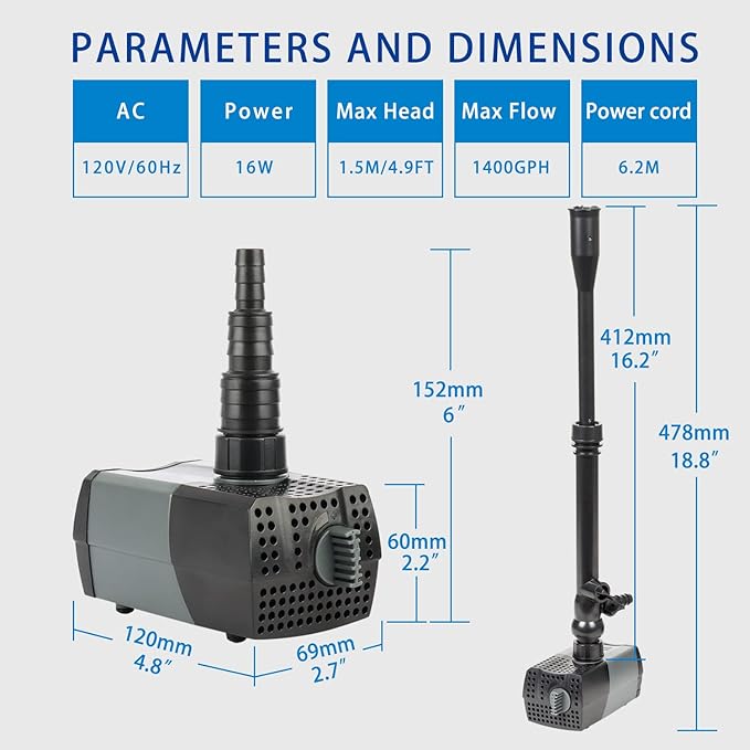 OYO WATER Pond Pumps Submersible Outdoor,370GPH Water Fountain Pump with Fountain Kits for Small Ponds