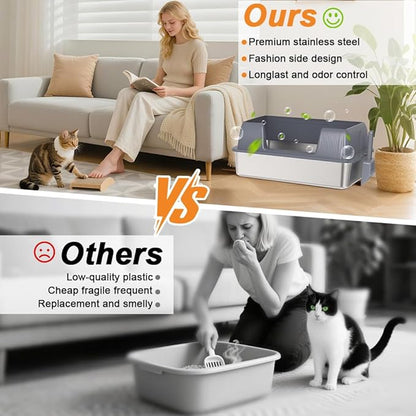 Vivifying Stainless Steel Cat Litter Box, XL Extra Large Semi-Enclosed Metal Pan with Side Entry, Scoop Included, Open Top Potty for Indoor Big Cats & Kitty, Easy to Clean & Odor Resistant (Gray)