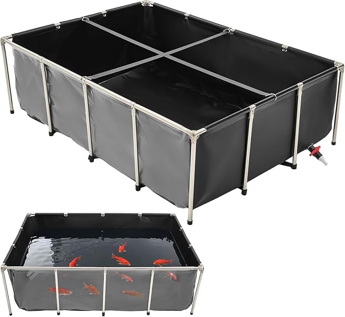 VEVOR Canvas Fish Pond, 470 Gal Above Ground Fish Pond, PVC Koi Tank with Clear Viewing Panel, Rectangular Goldfish Tank with Stainless Steel Frame & Drain Valve, for Breeding Koi, Irrigation(Black)