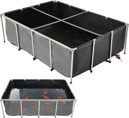 VEVOR Canvas Fish Pond, 470 Gal Above Ground Fish Pond, PVC Koi Tank with Clear Viewing Panel, Rectangular Goldfish Tank with Stainless Steel Frame & Drain Valve, for Breeding Koi, Irrigation(Black)