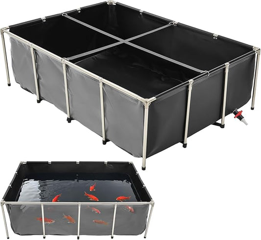 VEVOR Canvas Fish Pond, 470 Gal Above Ground Fish Pond, PVC Koi Tank with Clear Viewing Panel, Rectangular Goldfish Tank with Stainless Steel Frame & Drain Valve, for Breeding Koi, Irrigation(Black)