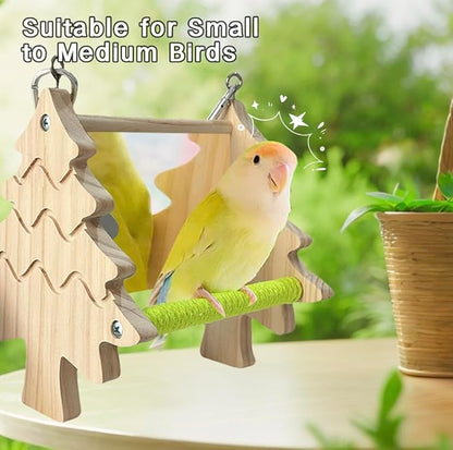 Bird Toys, Wooden Swing with Mirror and Perches for Cage, Bird Cage Accessories for Budgie, Lovebird, Green Cheek, Cockatiel, Conure, Quaker, Caique and Other Small to Medium Birds