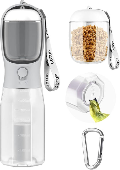 20oz Dog Water Bottle with Food Container & Poop Bag Dispenser | Leak-Proof Portable Pet Water Dispenser with Carabiner Clip | for Walking, Hiking, Travel