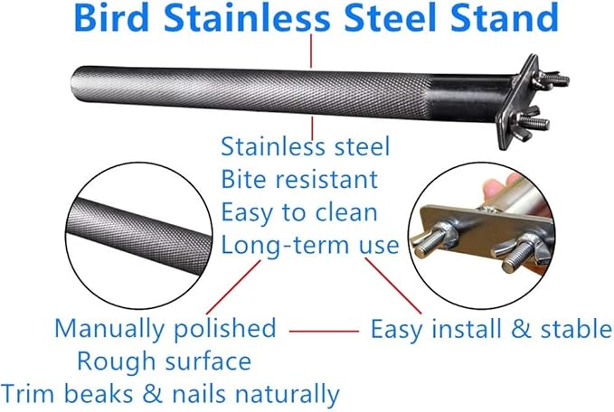 Bird Perch Stainless Steel Stand Parrot Rod Grinding Claws Trimming Beak Nails Grinding Stick Exercise Platform for Parakeet Cockatiel Conure African Grey Macaw Finch Bird Cage Accessories (M)