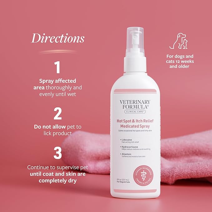 Veterinary Formula Clinical Care Hot Spot & Itch Relief Medicated Spray, 8oz – Easy to Use Spray for Dogs & Cats – Helps Alleviate Sensitive Skin, Scratching, and Licking of Coat (2 Pack)