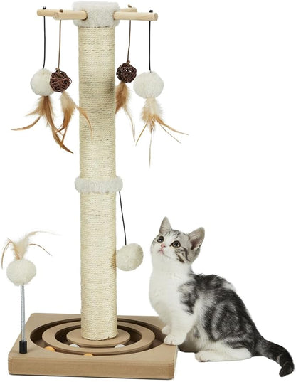 PEEKAB Cat Scratching Post Sisal Scratch Posts for Indoor Cats and Kittens with Tracking Ball Interactive Toys and Hanging Balls 25 Inches Beige