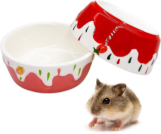 2 Pack Hamster Food Bowl Small Animals Ceramic Food Water Bowl Prevent Tipping Moving for Gerbil Chinchilla Hedgehog Rat (Color: Pink + Red)