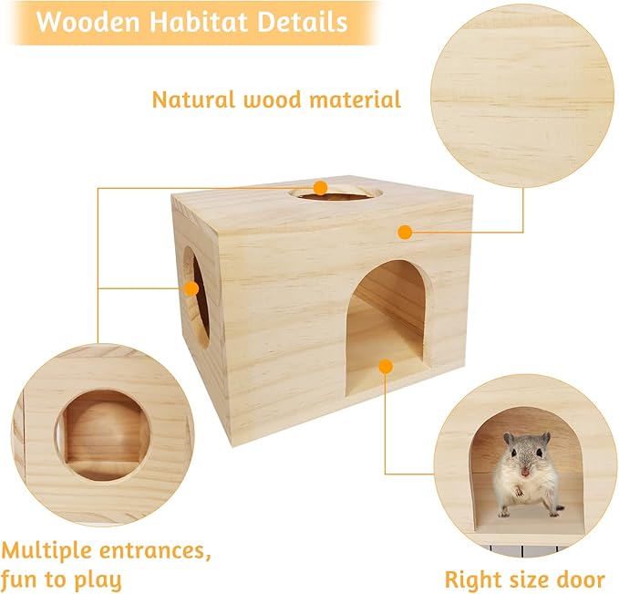 Fhiny Guinea Pigs Wood House Chinchilla Hut Hideout Natural Wood Multiple Doors Small Animal Chewing Molar Activity Toys Hamsters Habitat Cage for Hedgehog Squirrel Sugar Gliders