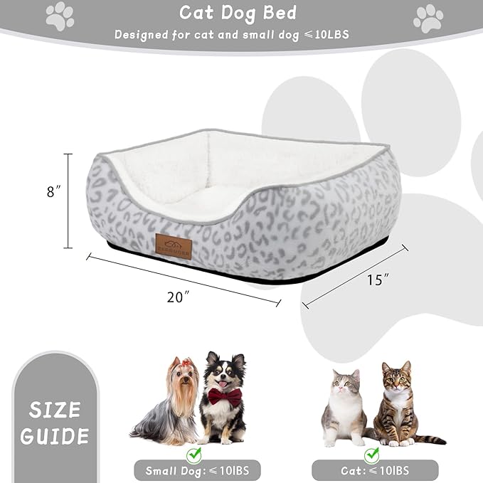 Rectangle Cat Dog Bed for Large Medium Small Pets Indoor Outdoor Machine Washable Sleeping Sofa Non-Slip Bottom Soft Puppy Bed Durable Orthopedic Calming Pet Cuddler (Small, White Leopard)