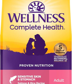 Wellness Complete Health Sensitive Skin & Stomach Dry Dog Food, Wholesome Grains, Natural, Salmon & Rice Recipe, (5-Pound Bag)