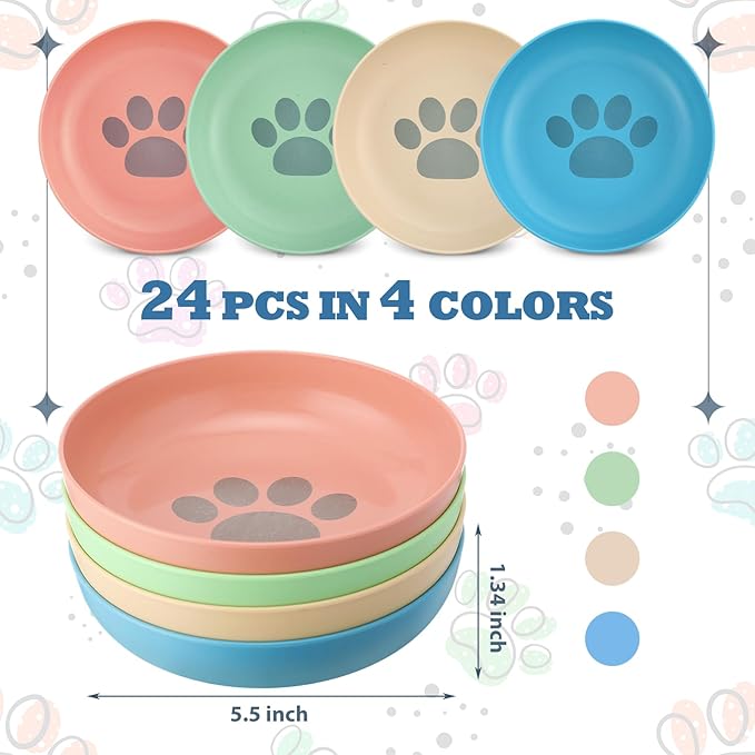 Tioncy 24 Pcs Fatigue Relief Cat Bowl 5.5 Inch Shallow Cat Food Dish Wide and Small Pet Wet Plate Wide Stray Wet Feeding Bowl for Ferrets Feral Short Legged Kitten, Wheat Straw(Four Color,Cute)