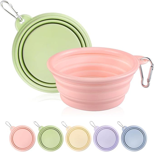 Collapsible Dog Bowls 2-Pack, Portable Travel Dog Bowl with Carabiner, Food-Grade Silicone Pet Bowl for Hiking, Walking (Macaron Pink and Green)