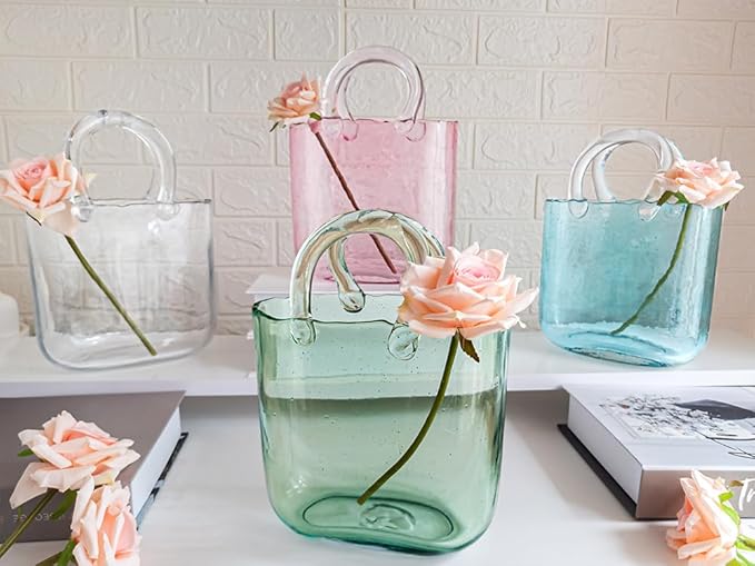 OLEEK Purse Vase for Flowers (Handmade) - 10 Inches Clear Glass Purse Vase - Cool & Cute vases for centerpieces, Fish Bowl - Unique Glass Handbag Flower vase Decorative - Wide Mouth Glass Purse