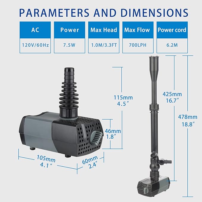 OYO WATER Pond Pumps Submersible Outdoor,185GPH Water Fountain Pump with Fountain Kits for Small Ponds