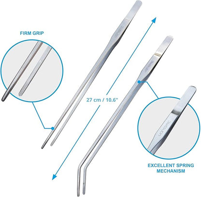 2 Pcs 10.6 Inches Heavy Duty Reptile Feeding Tongs, Long Aquarium Tweezers, Straight and Curved Long Tweezers for Aquarium and Terrarium