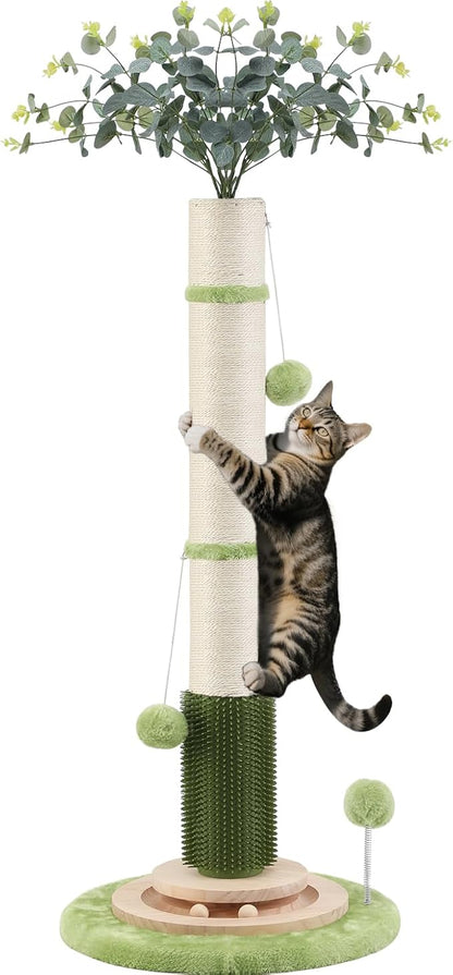 45'' Tall Cat Scratching Post,3.5Inch Diameter Sisal Rope Scratching Post for Indoor Cats Adults Kittens,Cat Scratcher with Interactive Ball Toys Self Groomer Brush for Large Cats