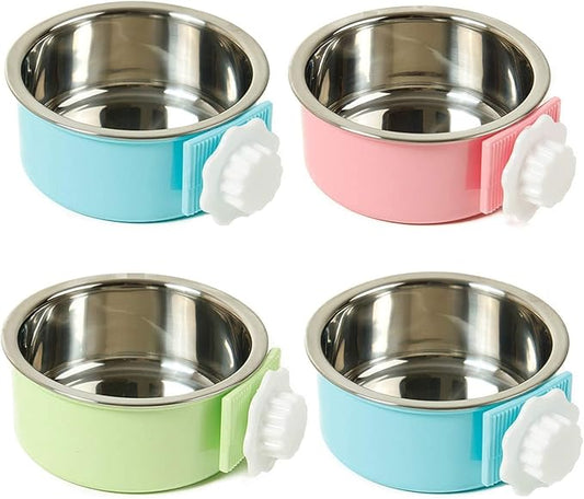 kathson Crate Dog Bowl, Removable Stainless Steel Hanging Pet Cage Bowl Food & Water Feeder Coop Cup for Cat, Puppy, Birds, Rats, Guinea Pigs (4 PCS, Size: L, 2×Blue,1×Pink,1×Green)