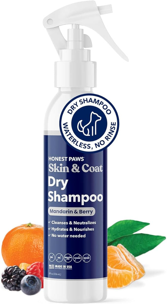 Honest Paws Dog Dry Shampoo - Waterless No Rinse Spray Formula Reducing Itch Cleanse Hydrate Nourish Dry Skin and Smelly Coat Help Decrease Odor Shedding and Allergies - Mandarin & Berry - 8 oz